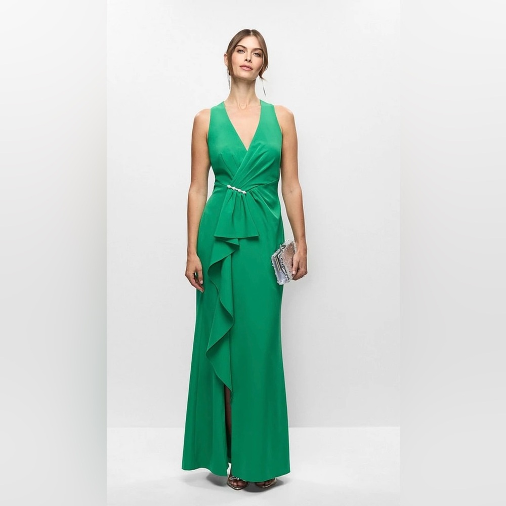 Eliza J Asymmetric Mikado Cocktail Dress‎ Green with Rhinestones Size 8